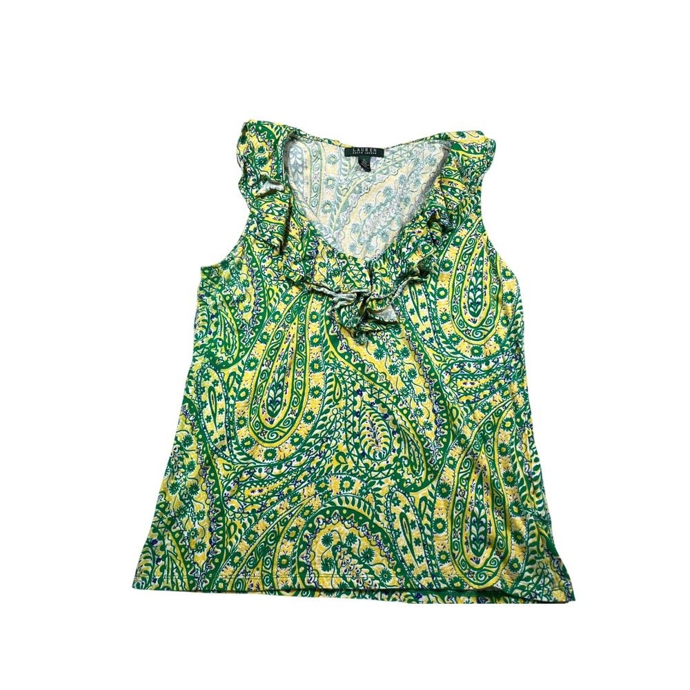 Lauren Ralph Lauren XL Green Yellow Paisley Ruched Stretch Top